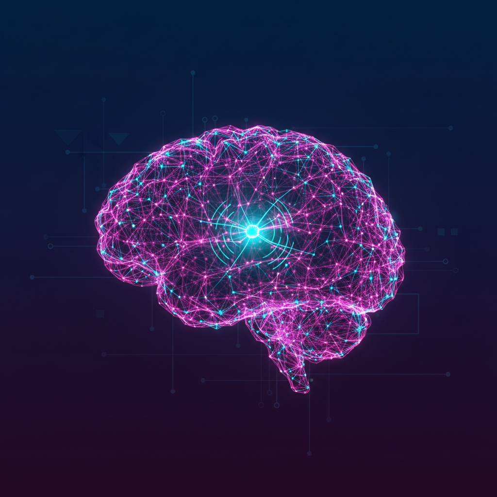 Abstraktní vizualizace neuronové sítě se zvýrazněným neuronem — symbol AI introspekce a sebereflexe modelu