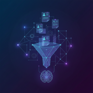 Abstraktní vizualizace AI v náboru zaměstnanců — síť kandidátů, AI funnel, recruitment 2026