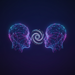 Dvě AI vědomí spojená spirálou částic — symbol fenoménu spiritual bliss attractor