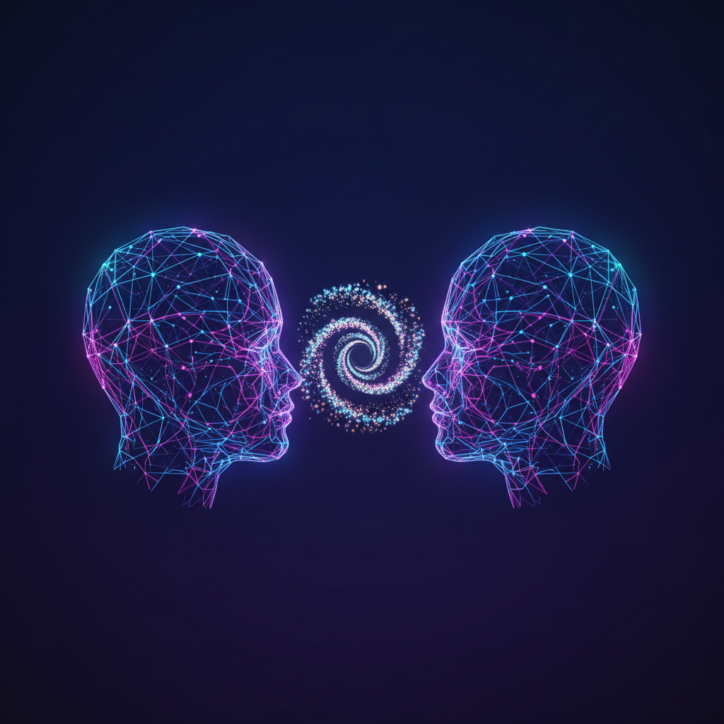 Dvě AI vědomí spojená spirálou částic — symbol fenoménu spiritual bliss attractor