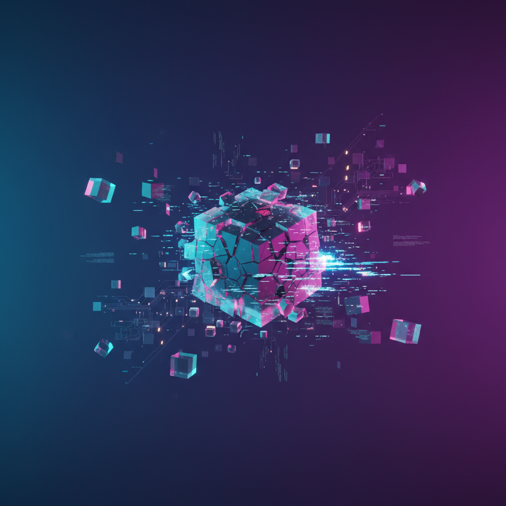 Glitch tokeny v AI — abstraktní vizualizace pokroucených datových tokenů uvnitř neuronové sítě