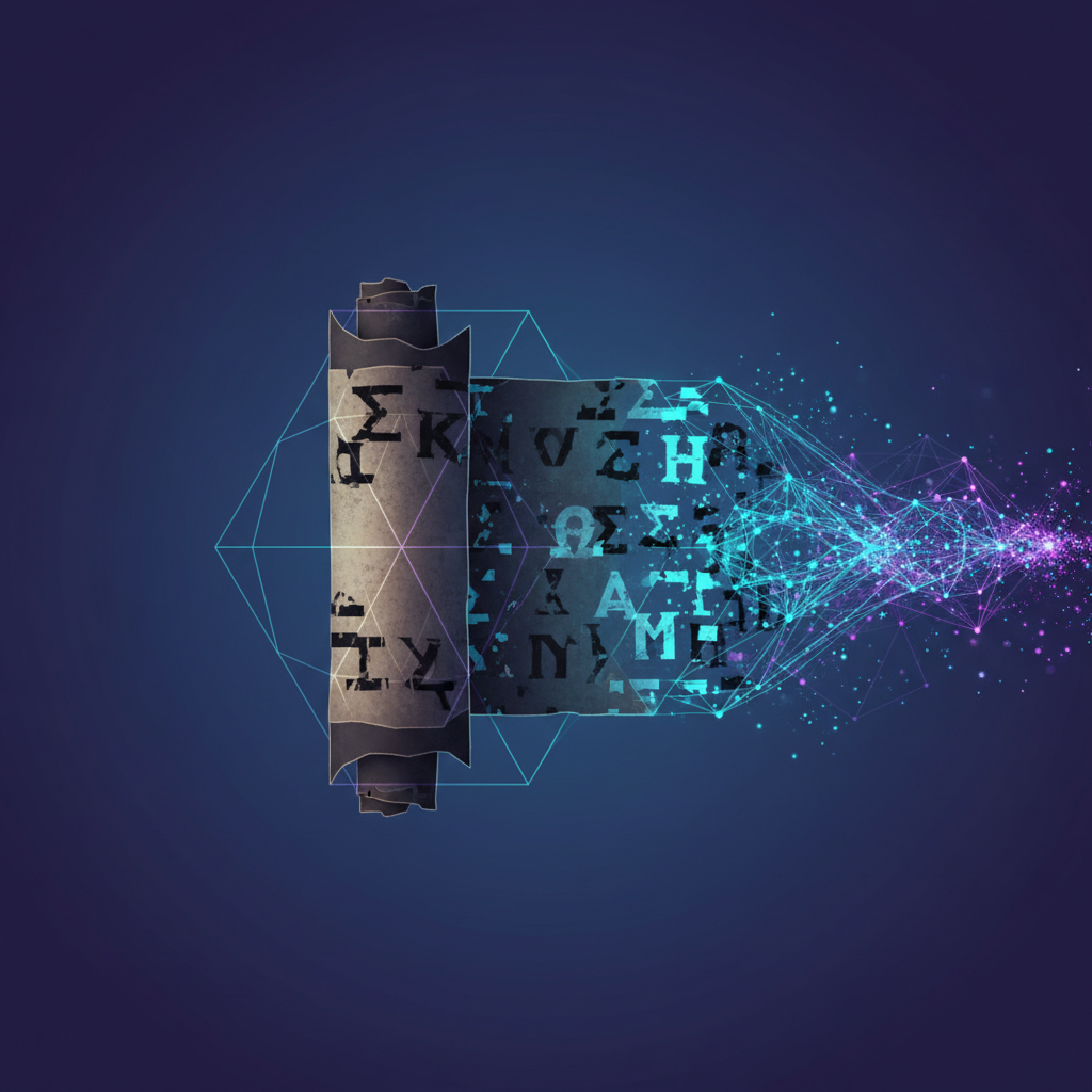 AI rozluštila spálené svitky z Herkulanea — vizualizace neuronové sítě skenující antický papyrus