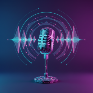 Abstraktní vizualizace AI stand-up komika — digitální mikrofon ve stylu neuronové sítě