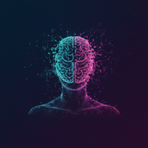 Abstraktní vizualizace uncanny valley v lidském mozku — AI generovaná tvář a neuronová síť