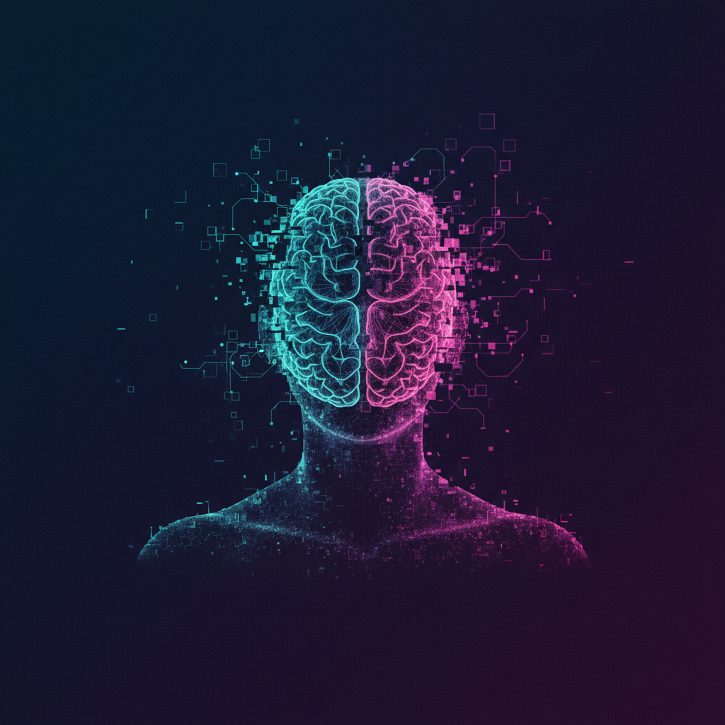 Abstraktní vizualizace uncanny valley v lidském mozku — AI generovaná tvář a neuronová síť