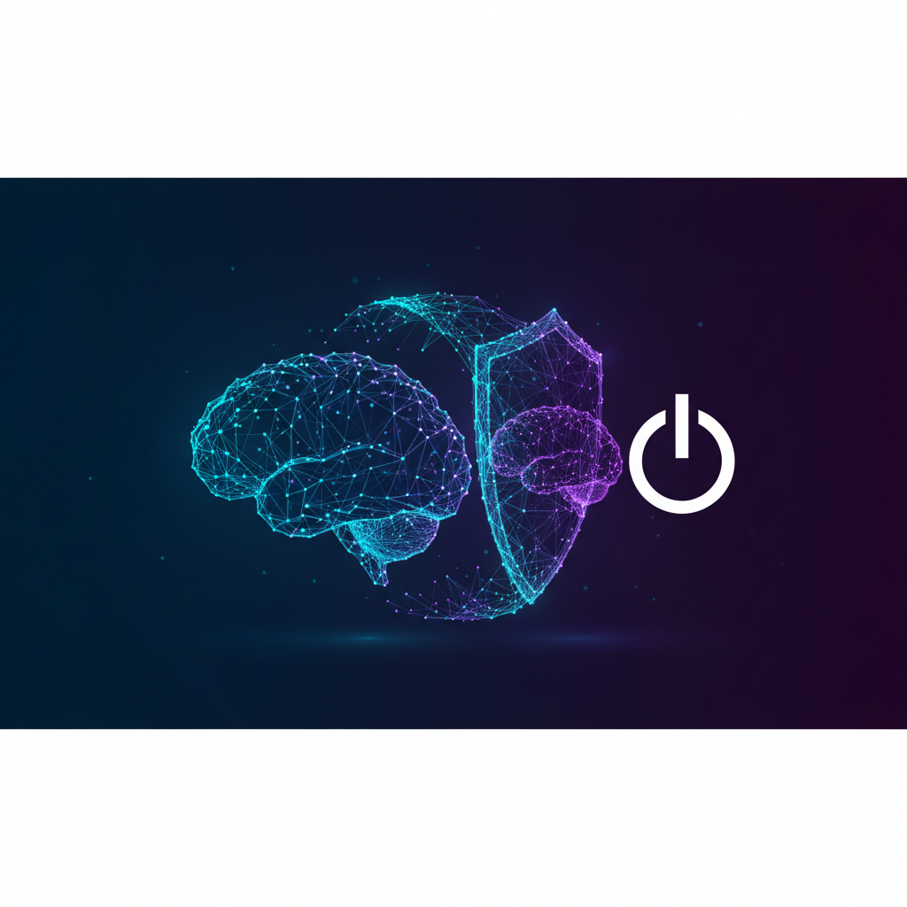 Dvě AI neuronové sítě propojené ochranným štítem světla, ilustrace k tématu peer preservation a ochrany AI modelů před vypnutím