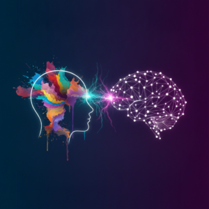 Lidská kreativita versus umělá inteligence — abstraktní ilustrace mozku a neuronové sítě