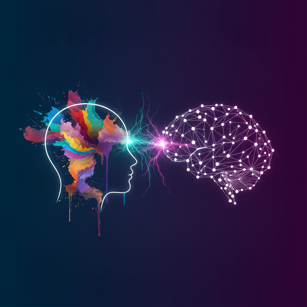Lidská kreativita versus umělá inteligence — abstraktní ilustrace mozku a neuronové sítě