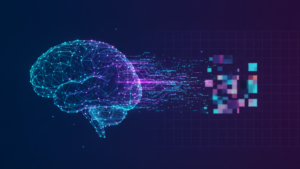 Ilustrace: AI dekóduje obraz z mozkové aktivity – neuronová síť ve tvaru mozku a data skládající se do pixelového obrázku