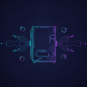 Abstraktní ilustrace prodejního automatu řízeného umělou inteligencí — experiment Project Vend