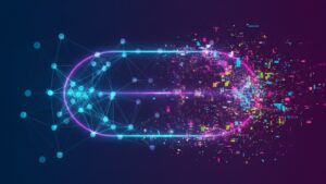 Abstraktní neuronová síť rozpadající se do barevného pixelového šumu — ilustrace digitálních euforik a dysforik u AI modelů