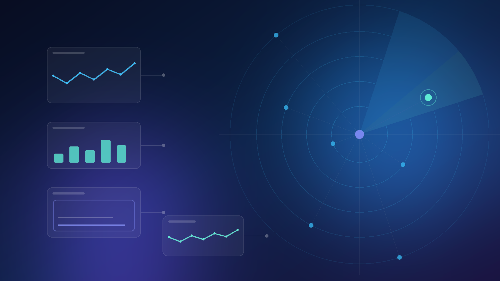 Abstraktní ilustrace AI monitoringu konkurence: radarové kruhy s uzly a dashboardové karty s grafy cen