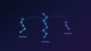 Abstraktní vizualizace tří automatizačních workflow různé délky – srovnání n8n, Make a Zapieru